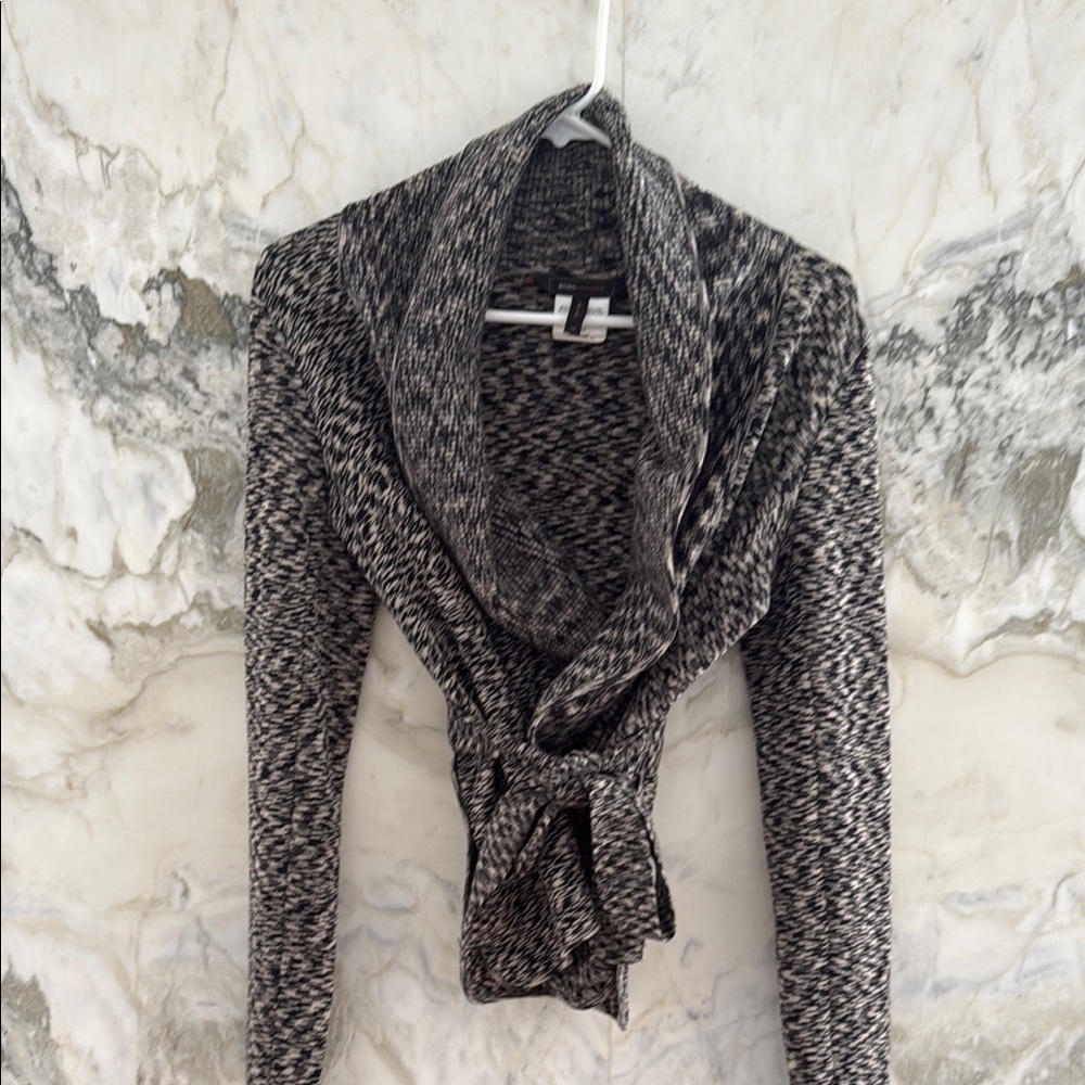 BCBGMaxAzria Black and Gray Wrap Cardigan with Shawl Collar